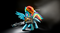 Size: 1920x1080 | Tagged: safe, artist:featray, imported from derpibooru, rainbow dash, pegasus, pony, 3d, blender, blender cycles, chainsaw, female, looking at you, mare, simple background, solo