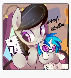 Size: 1738x1900 | Tagged: safe, alternate version, artist:maren, imported from derpibooru, dj pon-3, octavia melody, vinyl scratch, earth pony, pony, unicorn, 2016, cute, female, hashtag, lesbian, mare, old art, plushie, polaroid, scratchtavia, shipping, solo, tavibetes