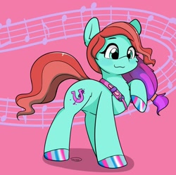 Size: 1787x1777 | Tagged: safe, artist:taurson, imported from derpibooru, earth pony, pony, cute, female, g5, hair tie, hoof polish, jazz hooves, jazzibetes, mare, music notes, raised hoof, simple background, smiling, solo