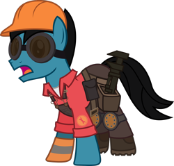 Size: 1656x1580 | Tagged: safe, artist:sketchmcreations, imported from derpibooru, oc, oc:sketch mythos, earth pony, pony, belt, boots, clothes, cosplay, costume, engineer, frown, gloves, goggles, hard hat, hat, male, nightmare night, open mouth, overalls, shoes, simple background, solo, stallion, team fortress 2, transparent background, vector, wrench