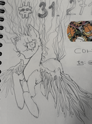 Size: 2581x3491 | Tagged: safe, artist:bishu, imported from derpibooru, oc, oc only, alicorn, bandaid, garfield, messy mane, sketch, sketchbook, spread wings, traditional art, wide eyes, wings