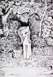 Size: 2224x3224 | Tagged: safe, artist:ph平和, imported from derpibooru, angel bunny, fluttershy, pegasus, pony, black and white, black and white cartoon, dark, dead tree, grass, grass field, grayscale, junji ito, looking at you, monochrome, night, shrub, solo, traditional art, tree