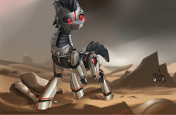 Size: 3200x2080 | Tagged: safe, artist:kirby_orange, imported from derpibooru, oc, oc:rubiont, android, pony, robot, robot pony, artwork, desert, fanart, mecha, mechanic, planet