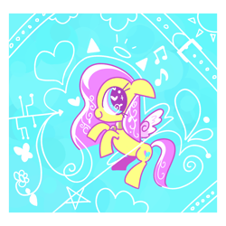 Size: 2000x2000 | Tagged: safe, artist:duckchip, imported from derpibooru, oc, oc:silky shine, pegasus, pony, blue eyes, cartoon, collar, cute, flower, halo, music notes, not fluttershy, solo, sparkly eyes, stars, sun, wingding eyes