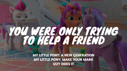 Size: 1920x1080 | Tagged: safe, edit, edited screencap, editor:quoterific, imported from derpibooru, screencap, hitch trailblazer, pipp petals, sunny starscout, zipp storm, dragon, earth pony, pegasus, pony, spoiler:my little pony: make your mark chapter 2, spoiler:myms01e01, g5, izzy does it, my little pony: make your mark, my little pony: make your mark chapter 2, sparky sparkeroni