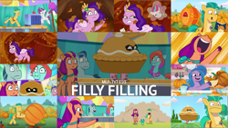 Size: 1979x1114 | Tagged: safe, edit, edited screencap, editor:quoterific, imported from derpibooru, screencap, hitch trailblazer, izzy moonbow, pipp petals, sunny starscout, zipp storm, dragon, earth pony, pegasus, pony, unicorn, spoiler:tyts01e33, baby, baby dragon, bag, balloon, banner, book, carriage, cellphone, chef's hat, conveyor belt, diadem, dust cloud, english, female, filly filling, fluttershy's cutie mark, food, g5, group, hat, hoof hold, hoof polish, jazz hooves, kitchen, male, mane five (g5), mare, phone, pie, plum library, pumpkin, pumpkin pie, rainbow dash's cutie mark, raised hoof, rufus, running, saddle bag, sash, sheriff's badge, smartphone, sparky sparkeroni, split screen, stallion, text, thought bubble, twilight sparkle's cutie mark, two sides, zompie