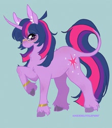 Size: 2200x2500 | Tagged: safe, alternate version, artist:moonshade907, imported from derpibooru, twilight sparkle, classical unicorn, pony, unicorn, blushing, bracelet, chest fluff, cloven hooves, colored ear fluff, colored hooves, curved horn, ear fluff, eye clipping through hair, female, film grain, glasses, horn, jewelry, leonine tail, long tail, looking at you, mare, raised hoof, simple background, smiling, smiling at you, solo, standing, tail, teal background, three quarter view, unicorn twilight, unshorn fetlocks