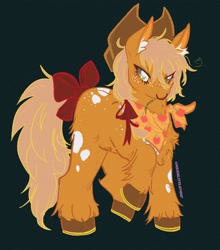 Size: 2200x2500 | Tagged: safe, artist:moonshade907, imported from derpibooru, applejack, earth pony, pony, alternate design, applejack's hat, bandana, bow, chest fluff, cloven hooves, coat markings, colored ear fluff, cowboy hat, ear fluff, eye clipping through hair, female, film grain, fluffy, freckles, hair bow, hat, horseshoes, leg fluff, mare, missing cutie mark, neckerchief, nose piercing, nose ring, piercing, pinto, solo, straw in mouth, tail, tail bow, unshorn fetlocks, walking