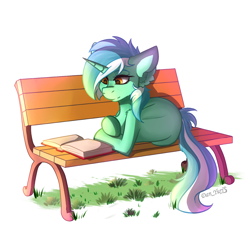 Size: 1400x1305 | Tagged: safe, artist:yuris, derpibooru exclusive, imported from derpibooru, lyra heartstrings, pony, unicorn, bench, book, cute, ear fluff, ears back, female, lying down, mare, reading, simple background, smiling, solo, white background