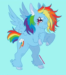 Size: 2200x2500 | Tagged: safe, artist:moonshade907, imported from derpibooru, rainbow dash, pegasus, pony, angry, cloven hooves, colored ear fluff, colored hooves, ear fluff, facial markings, feathered fetlocks, female, fetlock tuft, film grain, lidded eyes, looking at you, mare, rearing, short tail, simple background, solo, tail, teal background