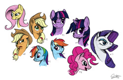 Size: 1150x750 | Tagged: safe, artist:psychodikdik, imported from derpibooru, applejack, fluttershy, pinkie pie, rainbow dash, rarity, twilight sparkle, pony, bust, colored sketch, expressions, mane six, simple background, sketch, white background