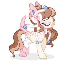 Size: 1263x1080 | Tagged: safe, artist:cstrawberrymilk, imported from derpibooru, oc, oc only, oc:strawberry milk, pegasus, pony, sylveon, clothes, costume, eyelashes, eyes closed, female, mare, pegasus oc, pokémon, raised hoof, simple background, solo, transparent background