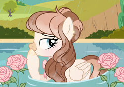 Size: 1522x1080 | Tagged: safe, artist:cstrawberrymilk, imported from derpibooru, oc, oc only, pegasus, pony, eyelashes, female, flower, mare, pegasus oc, raised hoof, rose, smiling, solo, strawberry milk, water, wings