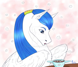 Size: 1280x1098 | Tagged: safe, artist:clouris, imported from derpibooru, oc, oc only, pegasus, pony, cup, deviantart watermark, ear fluff, obtrusive watermark, pegasus oc, solo, watermark, wings