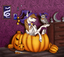 Size: 1280x1138 | Tagged: safe, artist:clouris, imported from derpibooru, oc, oc only, bird, owl, pegasus, pony, snake, commission, deviantart watermark, duo, halloween, holiday, indoors, jack-o-lantern, obtrusive watermark, pegasus oc, poster, pumpkin, pumpkin bucket, smiling, watermark, wings, ych result