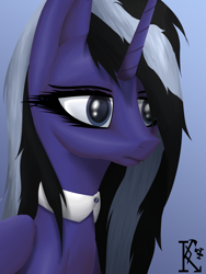 Size: 1500x2000 | Tagged: safe, artist:kirov, imported from derpibooru, oc, oc only, alicorn, pony, bust, collar, eyebrows, female, gradient background, lightning, long hair, mare, multicolored hair, portrait, purple coat, purple eyes, striped mane