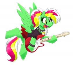 Size: 2000x1778 | Tagged: safe, artist:flutterthrash, imported from derpibooru, oc, oc only, oc:gumdrops, pegasus, pony, choker, clothes, electric guitar, female, flying, guitar, mare, musical instrument, open mouth, open smile, simple background, skirt, smiling, solo, spiked choker, spiked wristband, spread wings, white background, wings, wristband