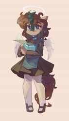 Size: 2327x4096 | Tagged: safe, artist:saxopi, imported from derpibooru, oc, oc only, kirin, semi-anthro, angel, apron, beige background, blue eyes, book, clothes, colored horn, cute, eyebrows, eyebrows visible through hair, feather, female, forked horn, halo, high res, hoof hold, hoof shoes, horn, jewelry, kirin oc, looking at you, necklace, ocbetes, pearl necklace, scales, simple background, skirt, smiling, smiling at you, solo, stockings, thigh highs, wings, writing