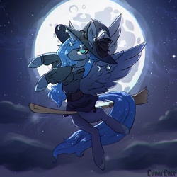 Size: 1200x1200 | Tagged: safe, artist:lunarlacepony, imported from derpibooru, princess luna, alicorn, pony, broom, clothes, female, flying, flying broomstick, halloween, hat, holiday, jewelry, mare, moon, necklace, night, solo, stars, witch hat