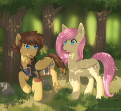 Size: 2420x2222 | Tagged: safe, artist:generalecchi, imported from derpibooru, fluttershy, pegasus, pony, dappled sunlight, forest background, kingdom hearts, sora, walking