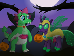 Size: 2800x2121 | Tagged: safe, artist:sweetielover, imported from derpibooru, oc, oc only, oc:goldigony, oc:sparkly emerald, changedling, changeling, dragon, branches, clothes, costume, diaper, diaper fetish, dragoness, duo, female, fetish, green changeling, high res, male, mlp fim's twelfth anniversary, moonlight, night, nightmare night, non-baby in diaper, pumpkin bucket, vampire costume