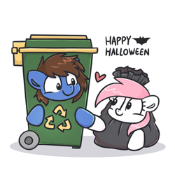 Size: 1000x1000 | Tagged: safe, artist:sugar morning, imported from derpibooru, oc, oc only, oc:bizarre song, oc:sugar morning, pony, bag, clothes, costume, duo, female, halloween, halloween costume, heart, holding hooves, holiday, looking at each other, looking at someone, male, mare, nightmare night, oc x oc, shipping, simple background, stallion, straight, sugarre, trash bag, trash can, white background