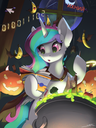 Size: 3000x4000 | Tagged: safe, artist:skitsroom, imported from derpibooru, princess celestia, alicorn, pony, spider, apple, banana, binary, book, cauldron, cursor, cyrillic, food, futurama, halloween, hand, holiday, jack-o-lantern, moon, pumpkin, russian, solo, window