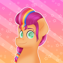 Size: 800x800 | Tagged: safe, artist:viviandpurplevivi, imported from derpibooru, sunny starscout, earth pony, pony, bust, female, g5, portrait, smiling