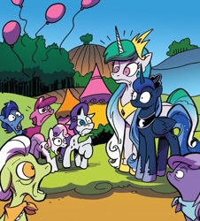 Size: 746x824 | Tagged: safe, artist:andypriceart, idw, imported from derpibooru, granny smith, princess celestia, princess luna, rarity, sweetie belle, alicorn, earth pony, pony, unicorn, friends forever, spoiler:comic, crown, emanata, faic, female, filly, foal, frown, g4, group, height difference, hoof shoes, jaw drop, jewelry, male, mare, now you fucked up, oh crap, open mouth, peytral, regalia, royal sisters, shocked, shocked expression, siblings, sisters, stallion, unnamed character, unnamed pony