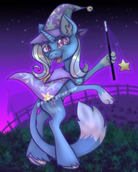 Size: 1080x1349 | Tagged: safe, artist:prettycursor, imported from derpibooru, trixie, cat, ear fluff, female, night, paws, solo, species swap, wand