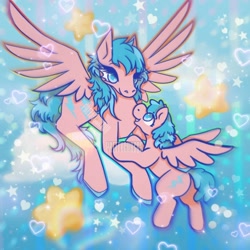 Size: 1080x1080 | Tagged: safe, artist:prettycursor, imported from derpibooru, baby firefly, firefly, pegasus, pony, baby, baby flyabetes, baby pony, cloud, cute, duo, female, filly, flyabetes, flying, foal, g1, mare, mother and child, mother and daughter, shipping, stars