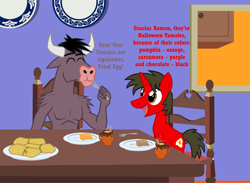 Size: 3466x2536 | Tagged: safe, artist:shadymeadow, imported from derpibooru, oc, oc:fried egg, oc:ramon, minotaur, pony, unicorn, tamale