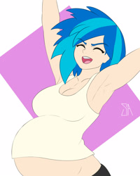 Size: 1280x1600 | Tagged: safe, artist:souladdicted, edit, imported from derpibooru, dj pon-3, vinyl scratch, human, armpits, belly, big belly, breasts, busty vinyl scratch, cleavage, clothes, eyes closed, female, humanized, open mouth, open smile, pregnant, pregnant edit, raised arms, smiling, tanktop