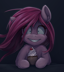 Size: 1118x1248 | Tagged: safe, artist:zeepheru_pone, imported from derpibooru, pinkie pie, earth pony, pony, fanfic:cupcakes, :3, adoracreepy, cheek fluff, cherry, creepy, cupcake, cute, dark background, ear fluff, female, food, looking at you, mare, pinkamena diane pie, pinpoint eyes, smiling, solo, windswept mane