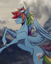 Size: 3535x4444 | Tagged: safe, artist:1an1, imported from derpibooru, rainbow dash, pegasus, pony, absurd resolution, cloud, cloven hooves, dark sky, flying, goggles on head, male, multicolored hair, rainbow blitz, rainbow hair, rainbow tail, rule 63, slim, smiling, solo, stupid sexy rainbow dash, tail, thin legs