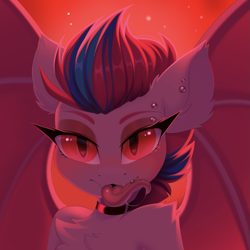Size: 1207x1207 | Tagged: safe, alternate version, artist:kebchach, imported from derpibooru, zipp storm, bat pony, pony, bat ponified, bat wings, choker, drool, drool string, ear piercing, eyebrow piercing, g5, heart, heart eyes, long tongue, looking at you, mlp fim's twelfth anniversary, piercing, race swap, slit pupils, solo, species swap, tongue out, tongue piercing, wingding eyes, wings