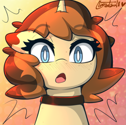 Size: 1007x998 | Tagged: safe, artist:llametsul, imported from derpibooru, oc, oc:creme cookie, pony, unicorn, blushing, choker, colored pupils, cute, looking at you, open mouth, signature, simple background, solo, surprised, white pupils