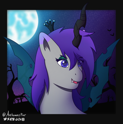 Size: 2066x2076 | Tagged: safe, artist:autumnsfur, imported from derpibooru, queen chrysalis, oc, oc only, oc:glitter stone, bat, changeling, earth pony, pony, blue eyes, blue sky, bust, changeling wings, clothes, cosplay, costume, crown, dark sky, detailed background, eyelashes, eyeshadow, female, full moon, g4, g5, g5 oc, gray coat, green eyeshadow, grey fur, grin, hair over one eye, halloween, halloween costume, head tilt, holiday, horn, jewelry, logo, long mane, makeup, mare, mlp fim's twelfth anniversary, moon, night, nightmare night, pony costume, portrait, purple eyes, purple hair, purple mane, purple sky, regalia, signature, silhouette, smiling, smirk, solo, spooky, stars, text, tree, turned head, wings