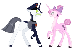 Size: 1660x1128 | Tagged: safe, artist:derrorro, imported from derpibooru, pony, unicorn, angry, bow, ear piercing, escape from cluster prime, female, hair bow, hat, male, mare, my life as a teenage robot, piercing, police, ponified, simple background, snarus, stallion, white background, xj-4, xj-4 vs. snarus