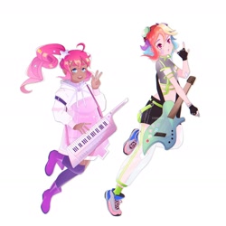 Size: 1536x1536 | Tagged: safe, artist:cryweas, imported from derpibooru, pinkie pie, rainbow dash, human, dark skin, duo, female, guitar, humanized, keytar, musical instrument, simple background, white background