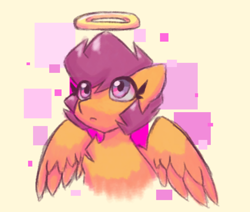 Size: 1000x846 | Tagged: safe, artist:synnibear03, imported from derpibooru, scootaloo, pegasus, pony, abstract background, bust, female, halo, portrait, solo