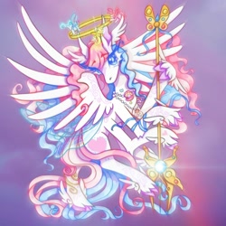 Size: 1536x1536 | Tagged: safe, artist:prettycursor, imported from derpibooru, star catcher, breezie, pegasus, pony, beautiful, blue eyes, cloven hooves, elegant, extra legs, eye clipping through hair, eyebrows, eyebrows visible through hair, featured image, g3, halo, jewelry, long hair, long mane, long tail, multiple legs, multiple limbs, necklace, ribbon, simple background, six legs, solo, spread wings, tail, wings