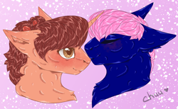 Size: 1780x1100 | Tagged: safe, artist:lebalisa, imported from derpibooru, oc, oc:flora elymas, oc:threadwing, pegasus, unicorn, commission, couple, cute, gay, gay couple, horn, kissing, male, nose kiss, oc x oc, pegasus oc, pigtails, shipping, simple background, stallion, threadflora, twintails, unicorn oc, ych result