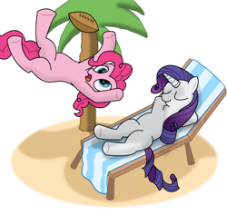 Size: 2000x1892 | Tagged: safe, artist:doodledonutart, imported from derpibooru, pinkie pie, rarity, earth pony, pony, unicorn, american football, eyes closed, female, mare, moments before disaster, palm tree, relaxing, simple background, sports, this will end in a touchdown, this will end in tears, tree, white background