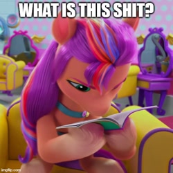 Size: 500x500 | Tagged: safe, edit, edited screencap, imported from derpibooru, screencap, sunny starscout, earth pony, pony, spoiler:my little pony: make your mark chapter 2, spoiler:myms01e03, book, caption, chair, concentrating, cropped, female, frown, g5, image macro, mane stripe sunny, mare, meme, mirror, my little pony: make your mark, my little pony: make your mark chapter 2, portrait of a princess, reaction image, reading, sitting, solo, text, unshorn fetlocks, vulgar, what the fuck am i reading