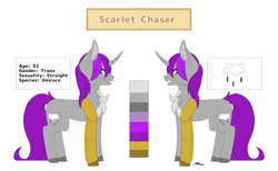 Size: 3000x1846 | Tagged: safe, artist:melodytheartpony, imported from derpibooru, oc, oc only, oc:scarlet chaser, pony, unicorn, amputee, chest fluff, cute, disabled, female, fluffy, happy, limb loss, looking at you, prosthetic limb, prosthetics, reference sheet, signature, simple background, smiling, solo, white background