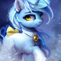 Size: 1024x1024 | Tagged: safe, artist:zealousmagician, imported from derpibooru, oc, oc only, oc:arctic snowfall, pony, unicorn, ai assisted, ai content, bell, blue background, blue fur, blue mane, blurry background, bow, bowtie, cat bell, collar, ear piercing, earring, female, freckles, generator:purplesmart.ai, generator:stable diffusion, heart, jewelry, looking at you, mare, piercing, raised hoof, simple background, smiling, smiling at you, snow, snowfall, solo, standing, tail, tail bow, yellow eyes