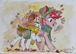 Size: 3851x2729 | Tagged: safe, artist:sofiko-ko, imported from derpibooru, oc, oc:sofiko, alicorn, deer, pony, autumn, bag, clothes, outdoors, saddle bag, scarf, traditional art, walking, watercolor painting