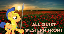 Size: 2064x1101 | Tagged: safe, artist:not-yet-a-brony, imported from derpibooru, flash sentry, pegasus, pony, 2022, all quiet on the western front, armor, belgium, erich maria remarque, flanders fields, flower, male, movie reference, october, poppy, spear, stallion, sunset, weapon, world war i, youtube link in the description