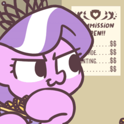 Size: 500x500 | Tagged: safe, artist:sugar morning, imported from derpibooru, diamond tiara, earth pony, pony, :3, animated, bits, female, filly, foal, gif, jewelry, mare, money, paper, purse, reaction image, seizure warning, shut up and take my money, simple background, smiling, smirk, solo, text, tiara, trigger warning